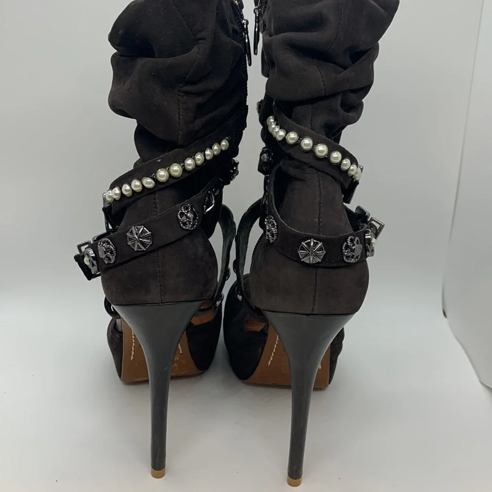 Schutz *Flawed Open Peep Toe Platform Heels Brown 10B Buckle Stud Pearl Accents